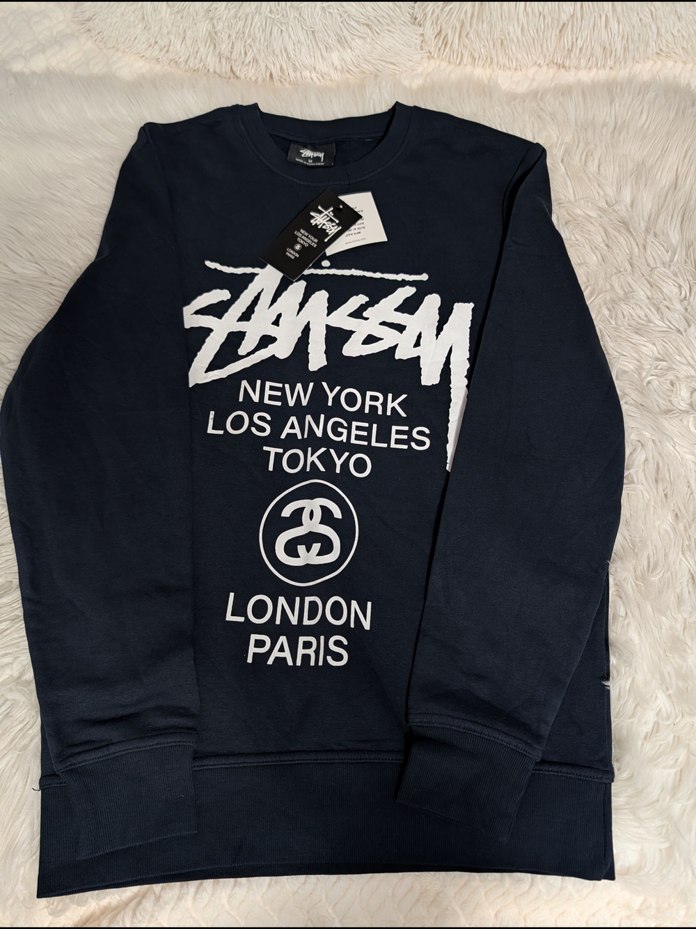 Stussy Navy Crewneck Sweater with White City Logo